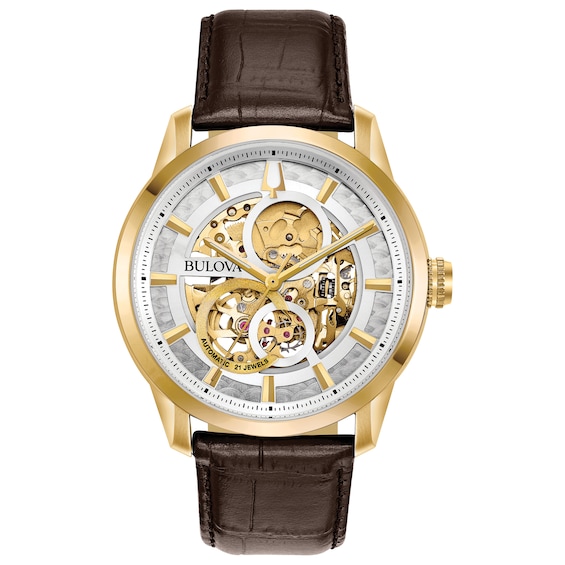 Bulova Men’s Yellow Gold Sutton Skeleton Strap Watch