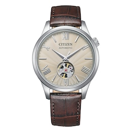 Citizen Automatic Mechanical Open Heart Brown Leather Strap Watch