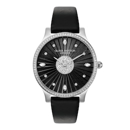 Olivia Burton Beaulieu 34mm Crystal & Black Leather Strap Watch