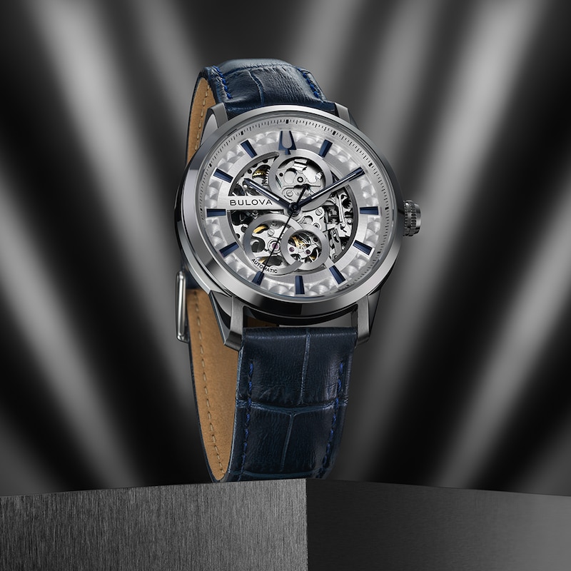 Main Image 4 of Bulova Sutton Automatic 40mm Skeleton Dial & Blue Leather Watch