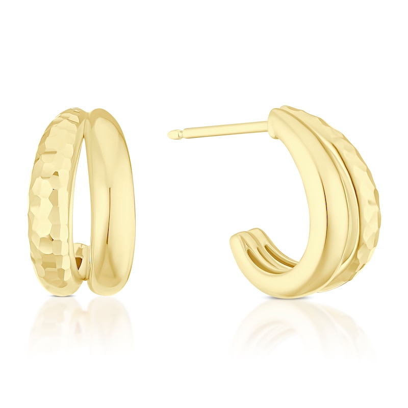 Main Image 1 of 9ct Yellow Gold Polished & Hammered Finish J-Shaped Hoop Earrings
