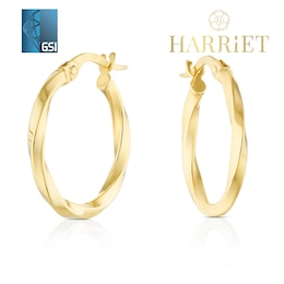 9ct Yellow Gold 15mm Mirror Twisted Diamond Cut Hoop Earrings