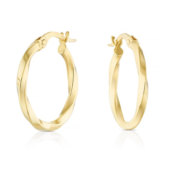 9ct Yellow Gold 15mm Mirror Twisted Diamond Cut Hoop Earring