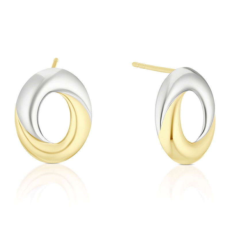 Main Image 1 of 9ct Yellow Gold & Silver Tone Rhodium Plate Open Oval Stud Earrings