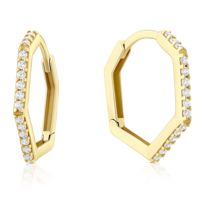 Main Image 1 of 9ct Yellow Gold & Cubic Zirconia Small Hexagon Hoop Earrings