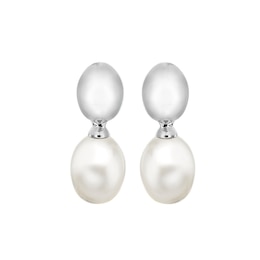 Sterling Silver Polished Dome Cultured Freshwater Pearl Drop Earrings