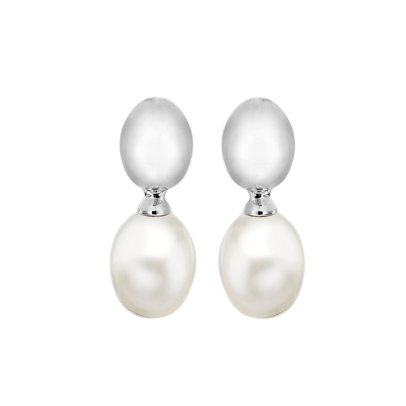 Main Image 1 of Sterling Silver Polished Dome Cultured Freshwater Pearl Drop Earrings