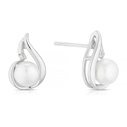 Sterling Silver Cubic Zirconia & Cultured Freshwater Pearl Swirl Teardrop Stud Earrings