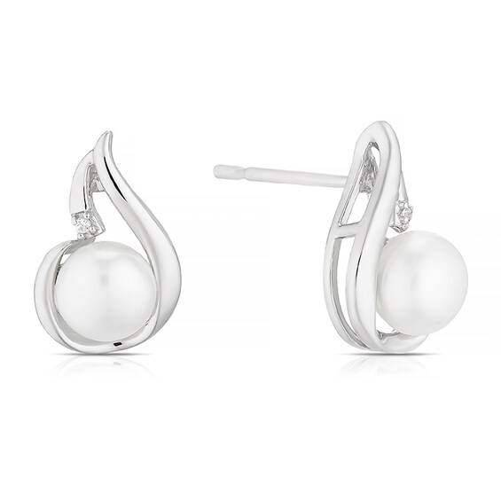 Sterling Silver Cubic Zirconia and Cultured Freshwater Pearl Swirl Teardrop Stud Earrings