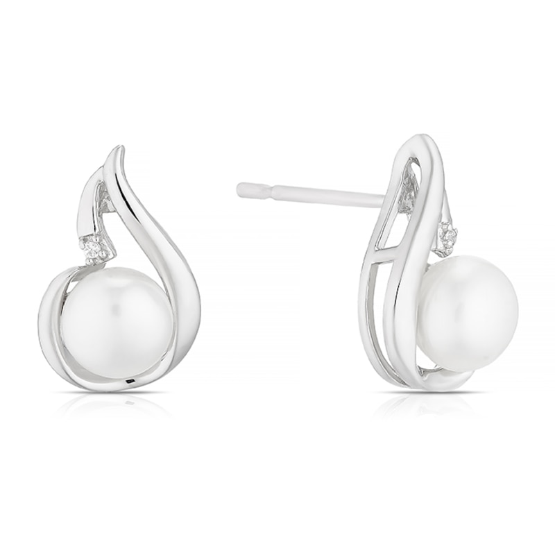 Main Image 1 of Sterling Silver Cubic Zirconia & Cultured Freshwater Pearl Swirl Teardrop Stud Earrings