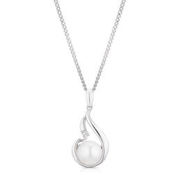 Sterling Silver 16+2" Cubic Zirconia & Cultured Freshwater Pearl Swirl Teardrop Necklace