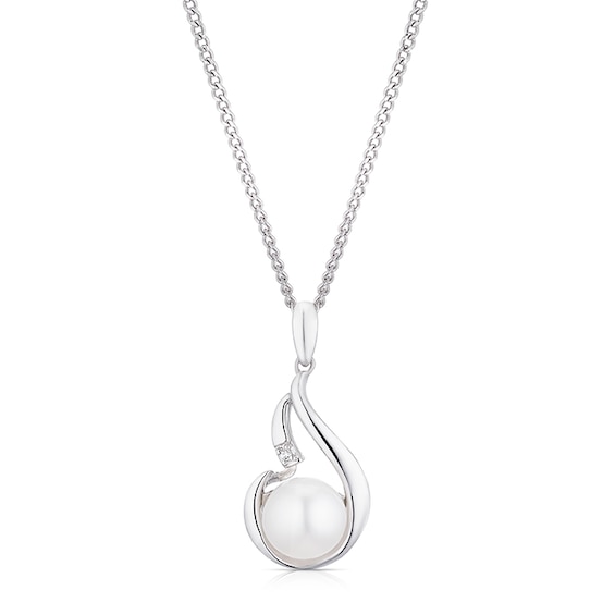 Sterling Silver 16+2 Cubic Zirconia and Cultured Freshwater Pearl Swirl Teardrop Necklace