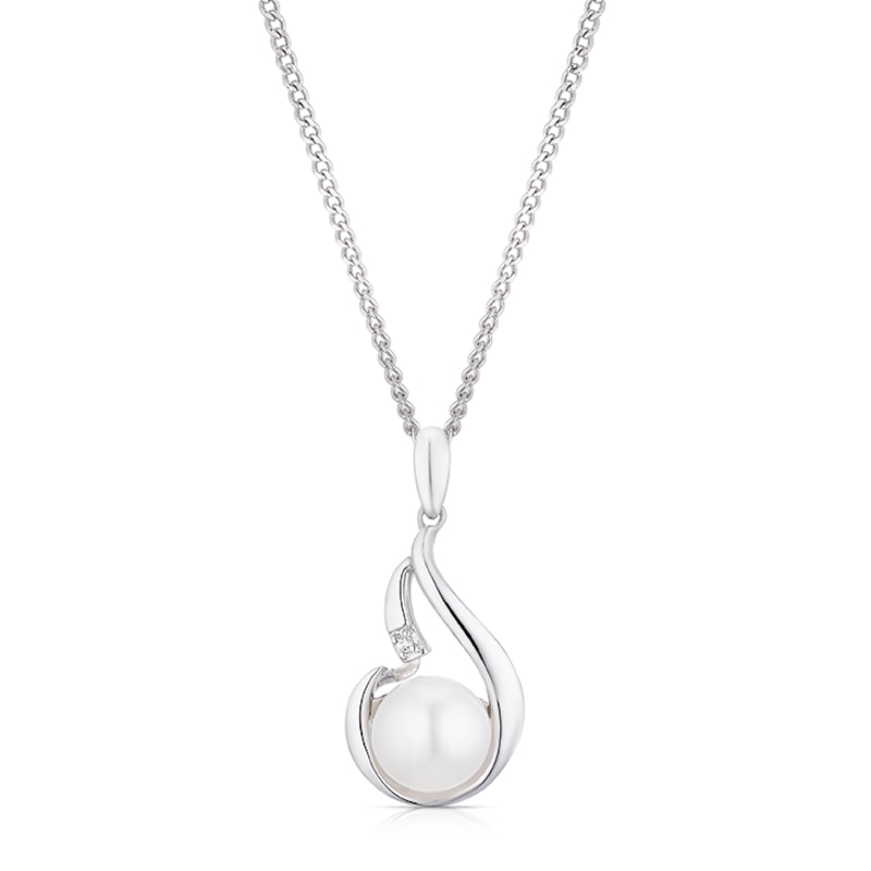 Main Image 1 of Sterling Silver 16+2" Cubic Zirconia & Cultured Freshwater Pearl Swirl Teardrop Necklace