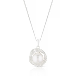 Sterling Silver 18" Cubic Zirconia & Cultured Freshwater Pearl Large Knot Pendant