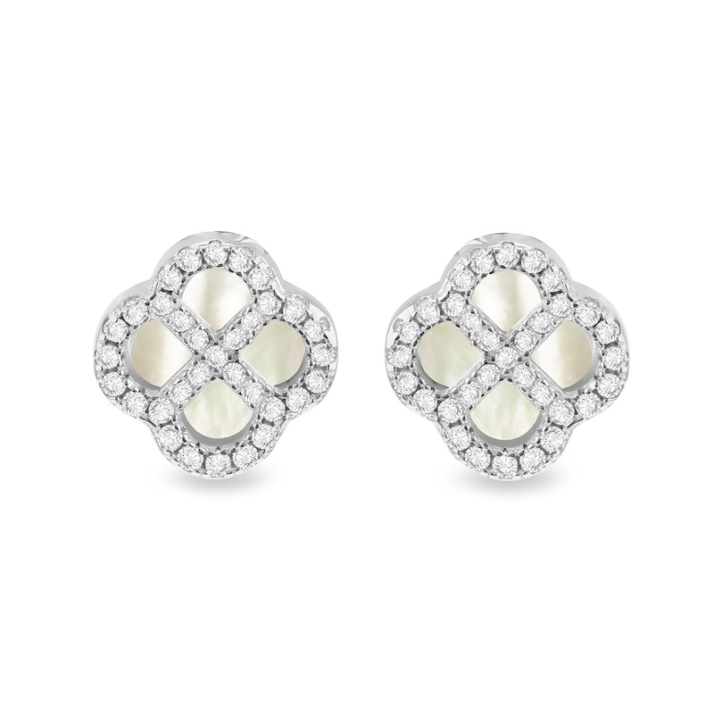 Main Image 1 of Sterling Silver 11mm Clover Mother of Pearl & Cubic Zirconia Clover Stud Earrings