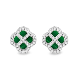 Sterling Silver 11mm Malachite & Cubic Zirconia Clover Stud Earrings