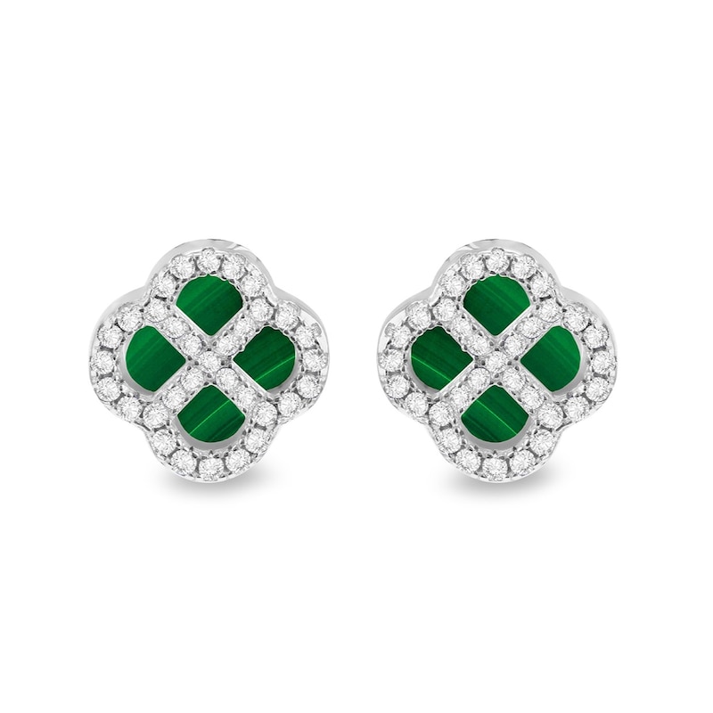 Main Image 1 of Sterling Silver 11mm Malachite & Cubic Zirconia Clover Stud Earrings