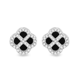 Sterling Silver 11mm Black Agate & Cubic Zirconia Clover Stud Earrings