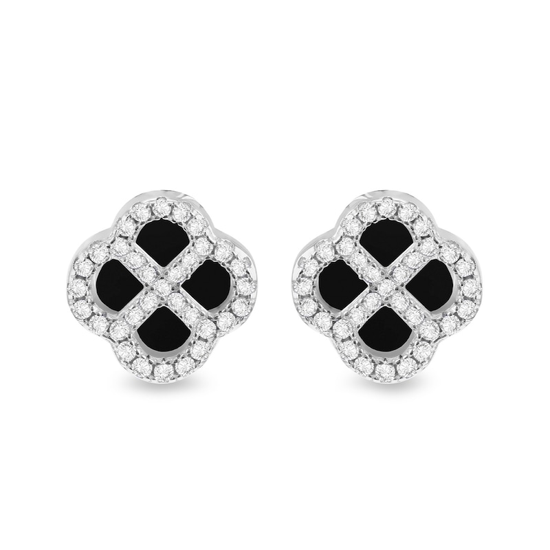 Main Image 1 of Sterling Silver 11mm Black Agate & Cubic Zirconia Clover Stud Earrings