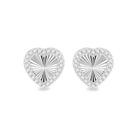 Sterling Silver Cubic Zirconia Diamond Cut Heart Stud Earrin