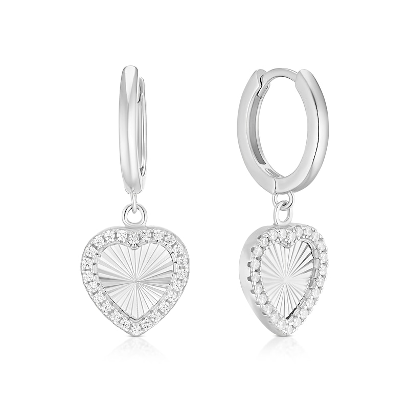 Main Image 1 of Sterling Silver Cubic Zirconia Diamond Cut Heart Hoop Earrings