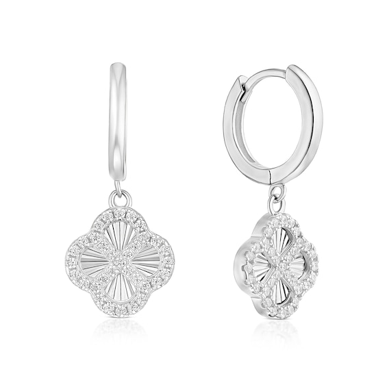 Sterling Silver Cubic Zirconia Diamond Cut Clover Hoop Earri