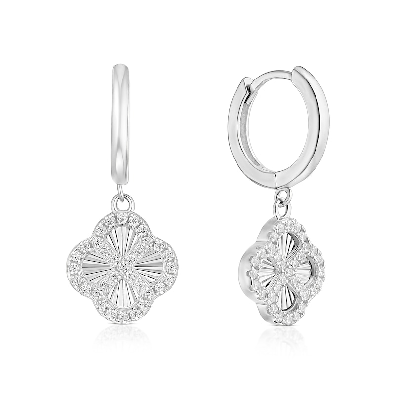Main Image 1 of Sterling Silver Cubic Zirconia Diamond Cut Clover Hoop Earrings