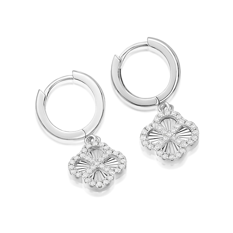Main Image 2 of Sterling Silver Cubic Zirconia Diamond Cut Clover Hoop Earrings