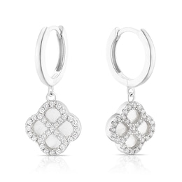 Sterling Silver Mother of Pearl & Cubic Zirconia Clover Hoop Earrings