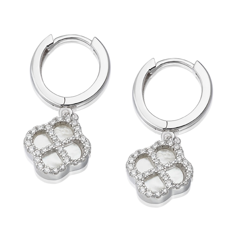 Main Image 2 of Sterling Silver Mother of Pearl & Cubic Zirconia Clover Hoop Earrings