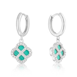 Sterling Silver Diamond Cut Clover Malachite & Cubic Zirconia Hoop Earrings