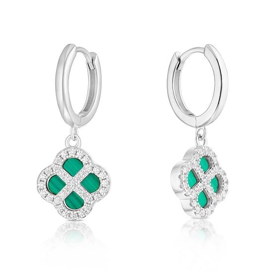 Sterling Silver Diamond Cut Clover Malachite and Cubic Zirco