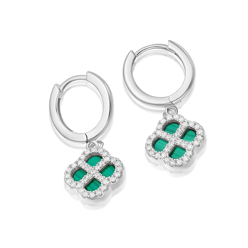 Main Image 2 of Sterling Silver Diamond Cut Clover Malachite & Cubic Zirconia Hoop Earrings