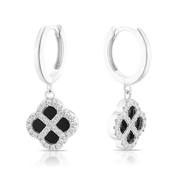 Sterling Silver Clover Shaped Black Agate & Cubic Zirconia Hoop Earrings