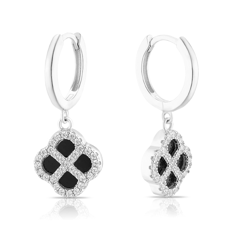 Main Image 1 of Sterling Silver Clover Shaped Black Agate & Cubic Zirconia Hoop Earrings