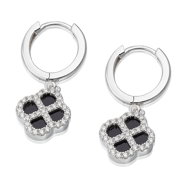 Main Image 2 of Sterling Silver Clover Shaped Black Agate & Cubic Zirconia Hoop Earrings