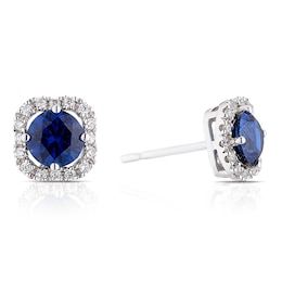 Sterling Silver Cubic Zirconia & Created Sapphire Fancy Halo Stud Earrings