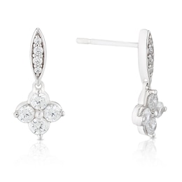 Sterling Silver Cubic Zirconia Flower Motif Drop Earrings