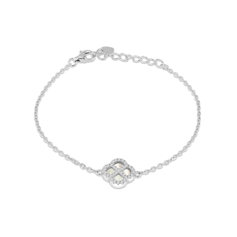 Main Image 1 of Sterling Silver 6.25+1.25" Mother of Pearl & Cubic Zirconia Clover Bracelet