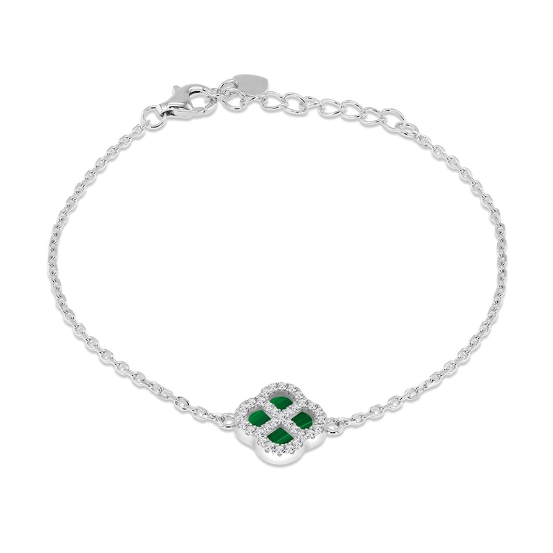 Main Image 1 of Sterling Silver 6.25+1.25" Malachite & Cubic Zirconia Clover Bracelet