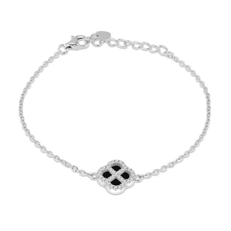 Main Image 1 of Sterling Silver 6.25+1.25" Black Agate & Cubic Zirconia Clover Bracelet