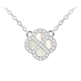 Sterling Silver 15.75+2" Mother of Pearl & Cubic Zirconia Clover Necklace