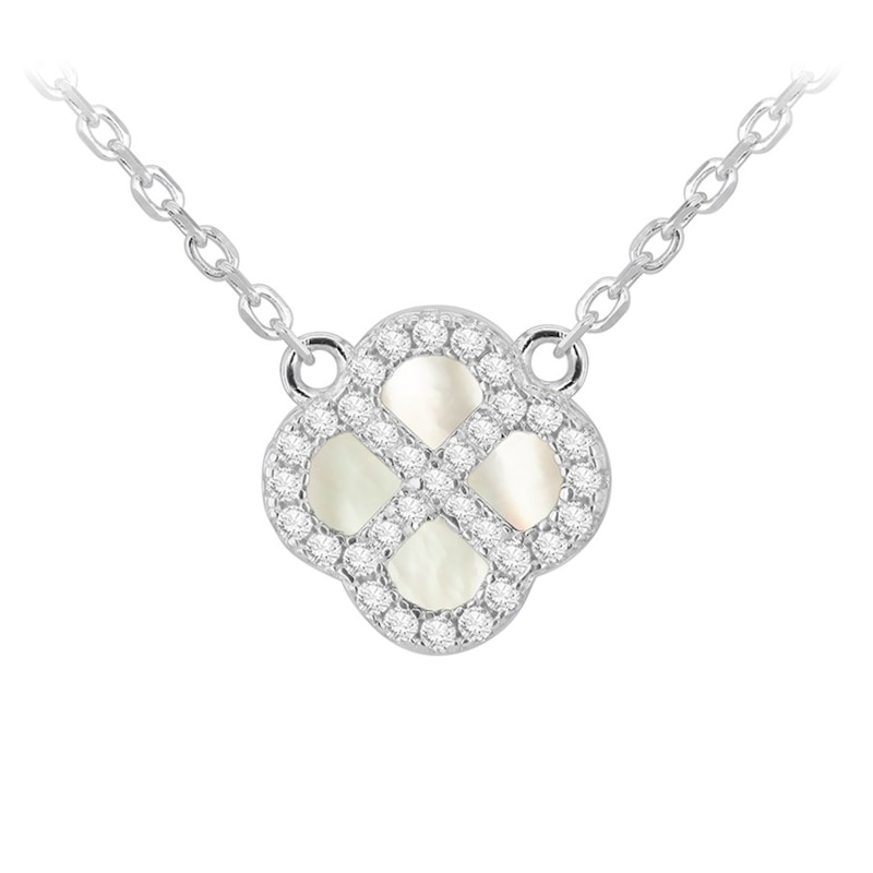 Main Image 1 of Sterling Silver 15.75+2" Mother of Pearl & Cubic Zirconia Clover Necklace