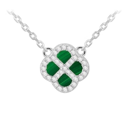 Sterling Silver 15.75+2" Malachite & Cubic Zirconia Clover Necklace