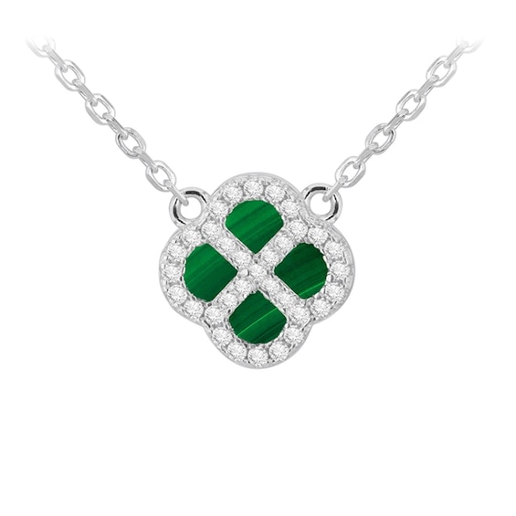 Sterling Silver 15.75+2 Malachite and Cubic Zirconia Clover 
