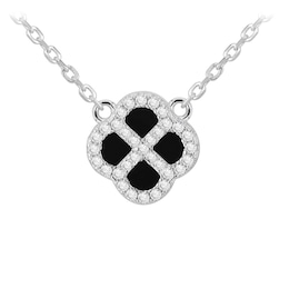 Sterling Silver 15.75+2" Black Agate & Cubic Zirconia Clover Necklace