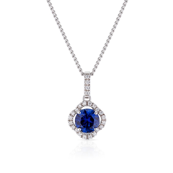 Sterling Silver 16+2 Cubic Zirconia and Created Sapphire Fancy Halo Pendant Necklace