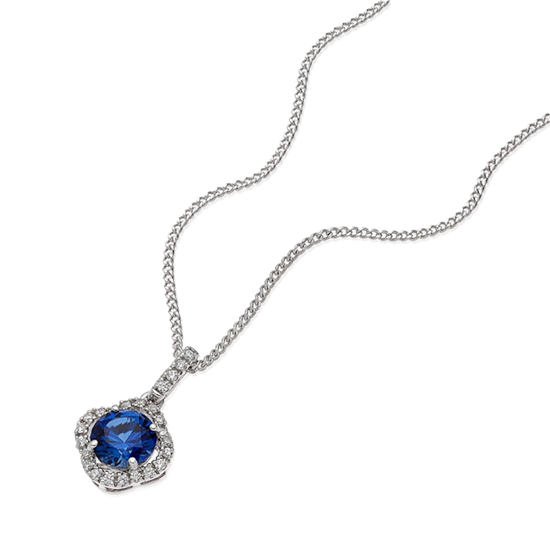 Main Image 2 of Sterling Silver 16+2" Cubic Zirconia & Created Sapphire Fancy Halo Pendant Necklace