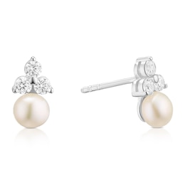 Sterling Silver Three-Stone Cubic Zirconia & Cultured Freshwater Pearl Stud Earrings