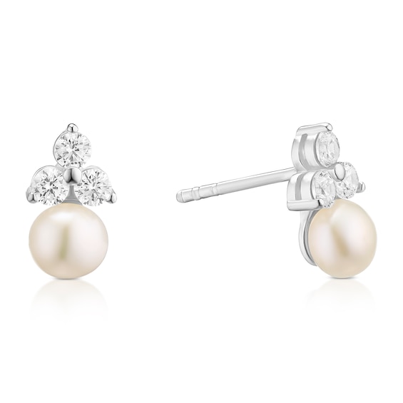 Sterling Silver Three-Stone Cubic Zirconia and Cultured Freshwater Pearl Stud Earrings